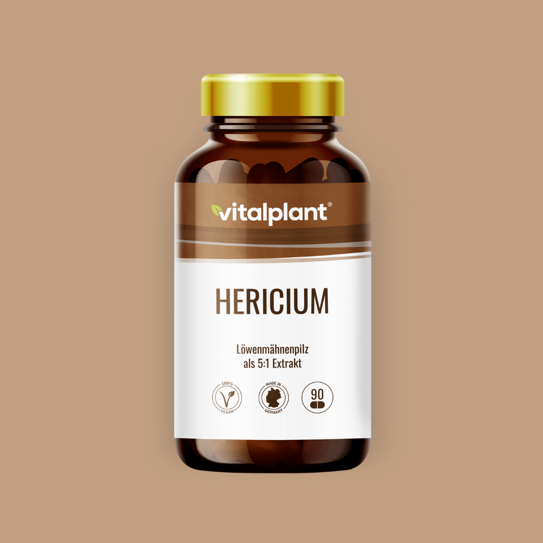 Bio Hericium (Löwenmähne) Kapseln mit Hericium-Extrakt in einer braunen Flasche von vitalplant.