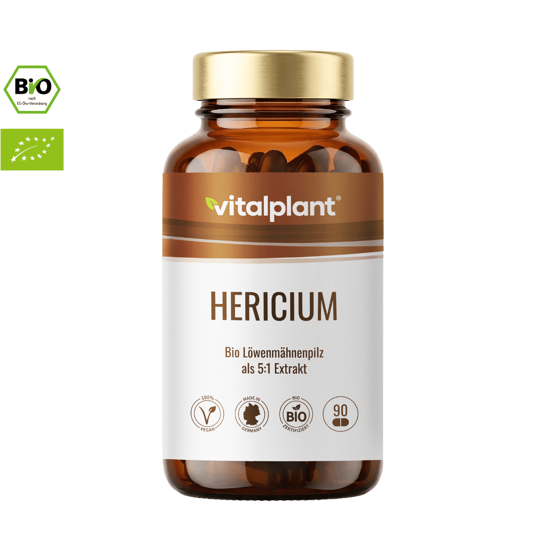 Bio Lion's Mane mushroom capsules with 400 mg Hericium extract in certified organic quality.