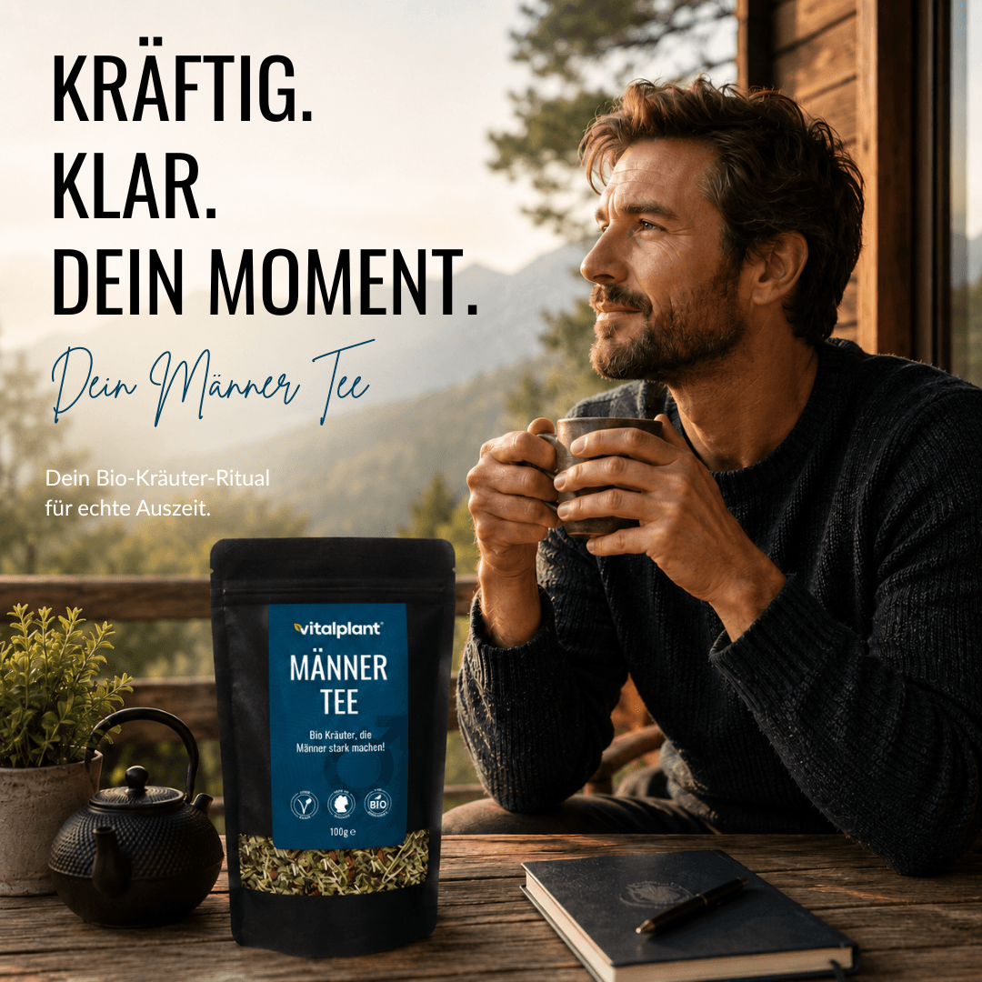 Bio Männer Tee von Vitalplant – kräftige Kräuterkomposition für echte Auszeit in der Natur.