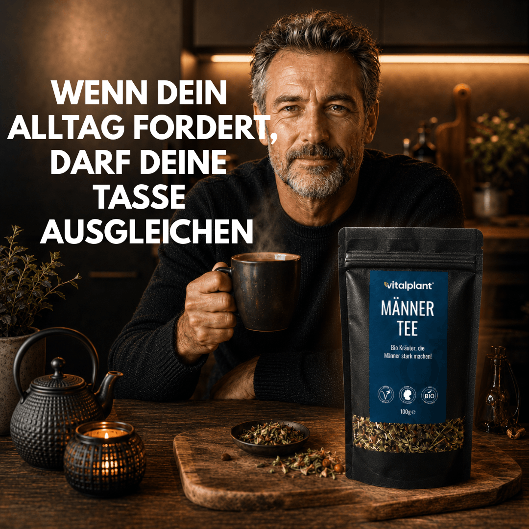 Bio Männer Tee in einer Tasse, aromatisch und frisch für eine ausgewogene Auszeit.