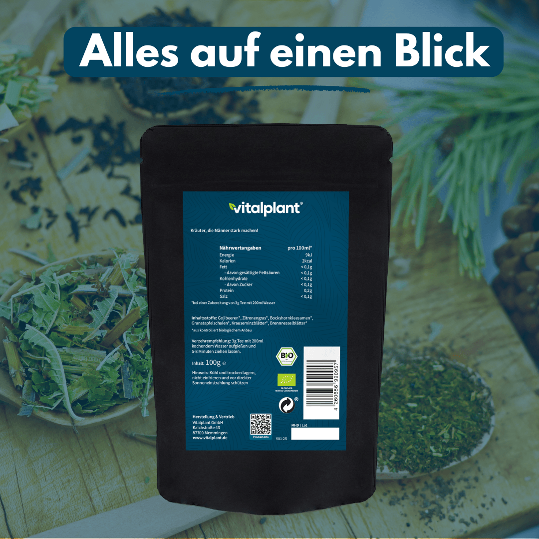 Bio Männer Tee von Vitalplant – hochwertige Kräuterkomposition für Männer, nährwertreiche Mischung aus biologischem Anbau.