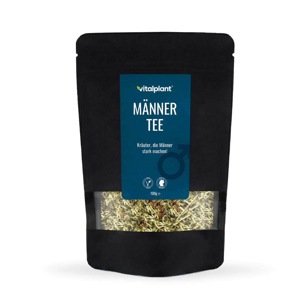 Bio Männer Tee von Vitalplant in einer schwarzen Verpackung mit Kräuterkomposition.