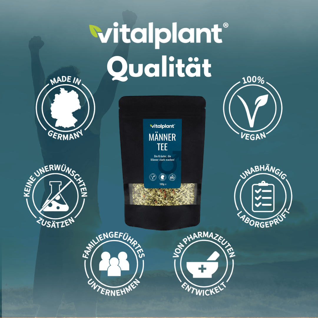 Bio Männer Tee von Vitalplant, eine Kräutermischung für Männer, vegan und ohne unerwünschte Zusätze.