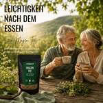 Bio Magen Tee in der Natur genossen von einem glücklichen Paar bei Tee und Kräutern.
