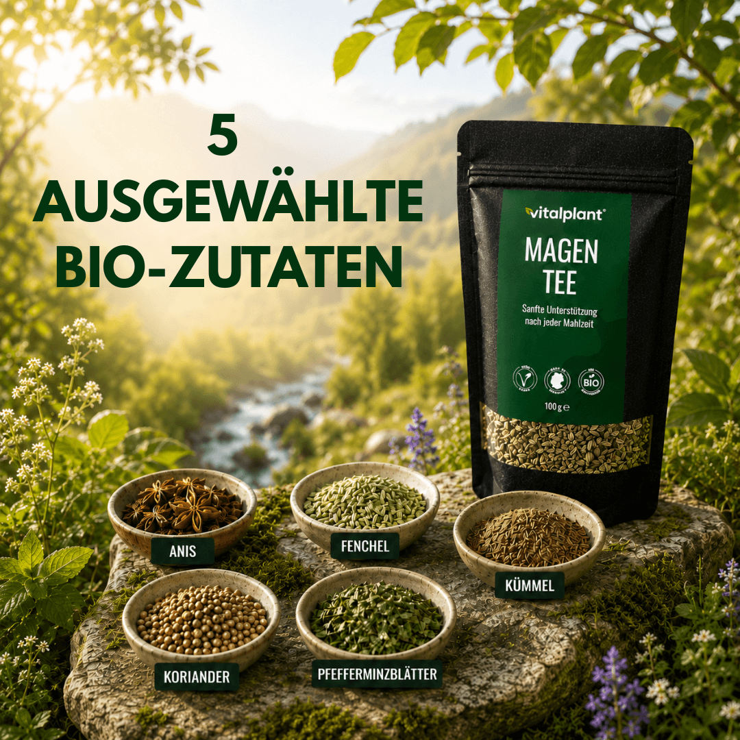 Bio Magen Tee mit 5 ausgewählten Bio-Zutaten aus kontrolliert biologischem Anbau.