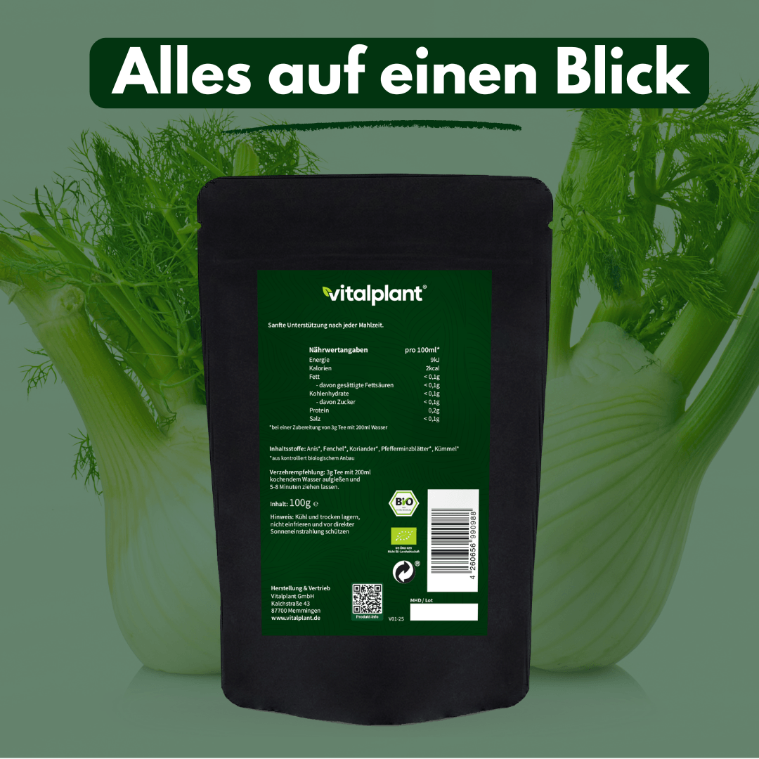 Bio Magen Tee Verpackung mit Inhaltsstoffen und frischen Kräutern aus kontrolliert biologischem Anbau.