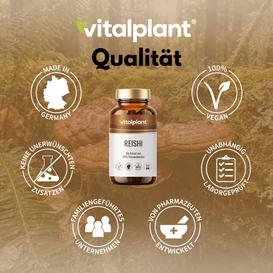 Bio Reishi capsules from vitalplant in certified organic quality, vegan and free from unwanted additives.