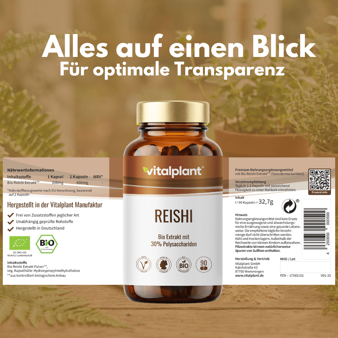 Bio Reishi capsules from Vitalplant for optimal transparency and quality, organic extract with 30% polysaccharides.