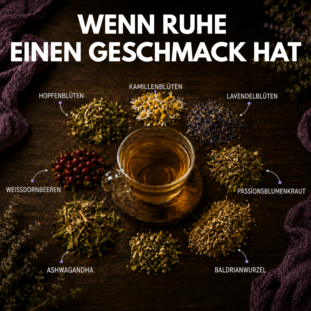 Bio Ruhe Tee mit Kräutern wie Kamillenblüten, Hopfenblüten und Lavendelblüten für entspannte Momente.