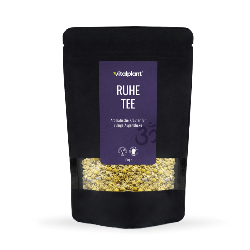 Bio Ruhe Tee von Vitalplant in einer schwarzen Verpackung für entspannte Momente.