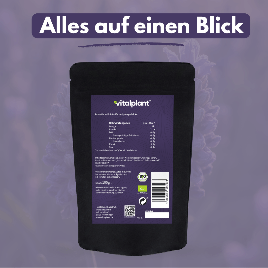 Bio Ruhe Tee von Vitalplant, Kräutertee für entspannte Momente mit harmonischer Mischung, 100g Packung.