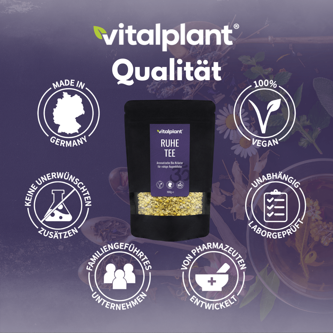 Verpackung des Bio Ruhe Tee von Vitalplant mit Bio-Siegel und Qualitätsmerkmalen.
