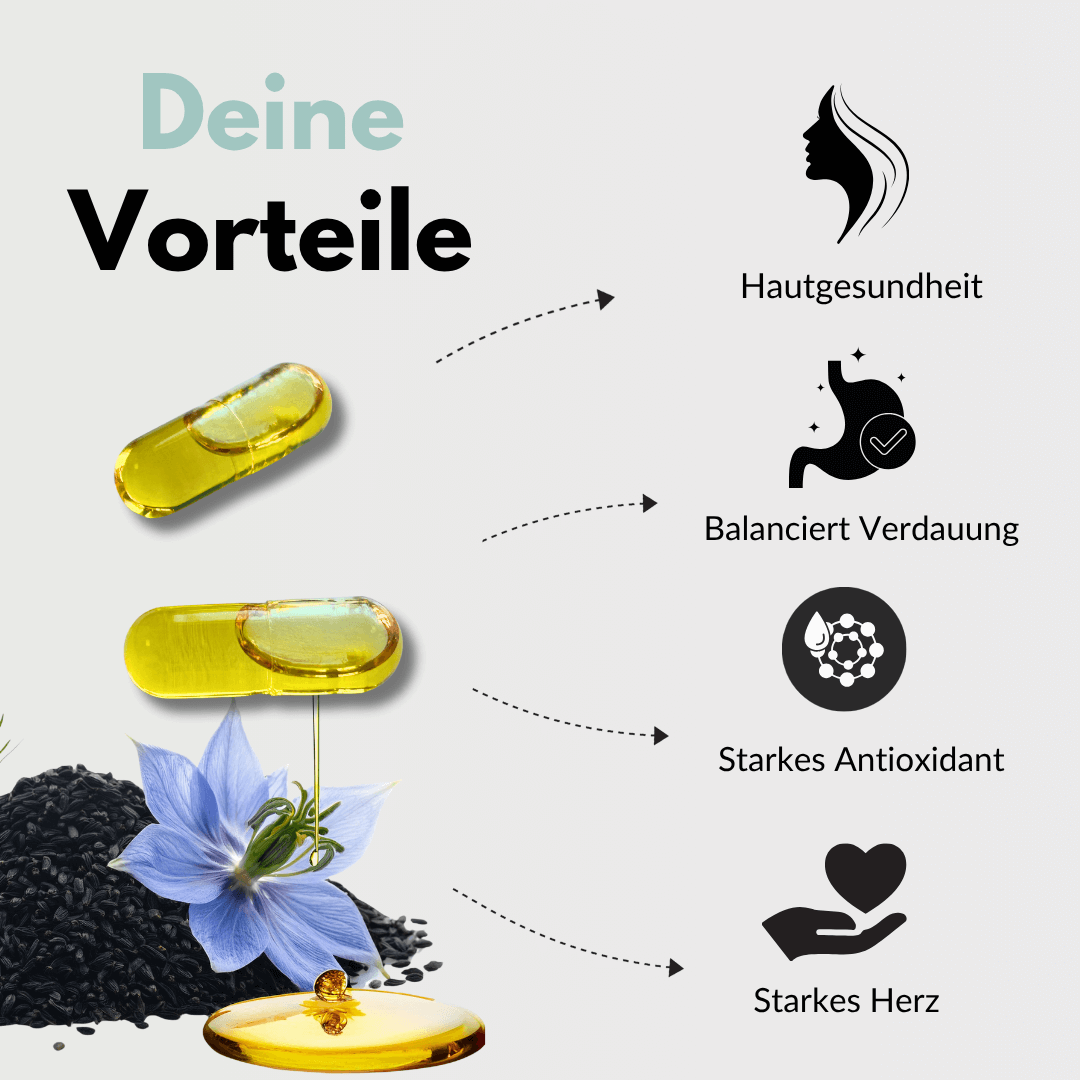 Bio Schwarzkümmelöl Vorteile: Hautgesundheit, balancierte Verdauung, starkes Antioxidant, starkes Herz