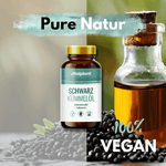 Bio Schwarzkümmelöl Kapseln von Vitalplant, 100% vegan, auf natürlichem Hintergrund mit schwarzem Kümmel.
