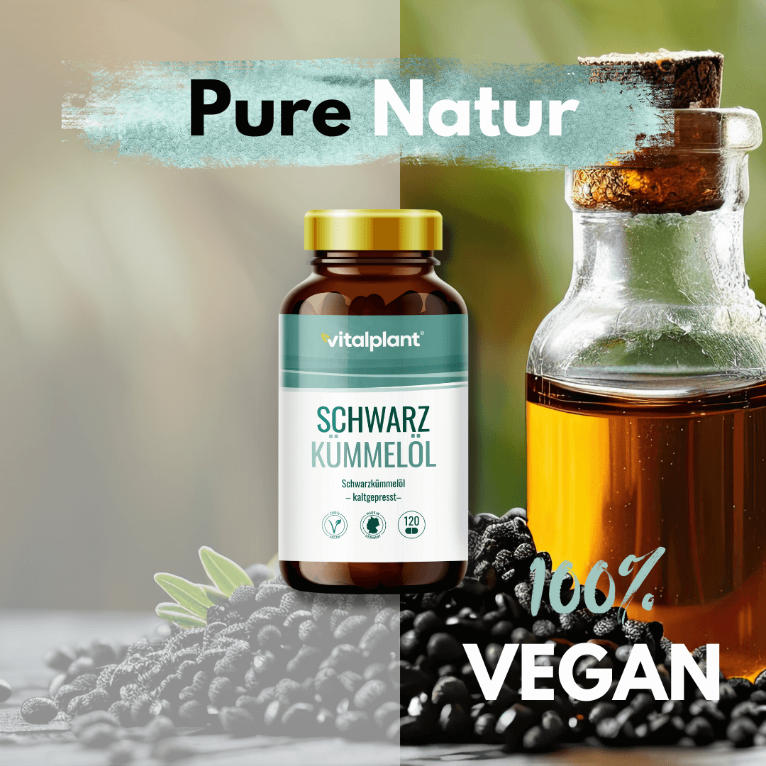 Bio Schwarzkümmelöl Kapseln von Vitalplant, 100% vegan, auf natürlichem Hintergrund mit schwarzem Kümmel.