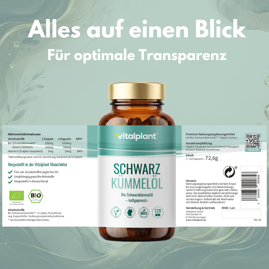 Bio Schwarzkümmelöl Kapseln von Vitalplant in der Produktpräsentation auf einem weißen Hintergrund.