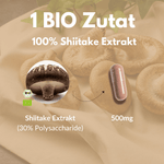 Bio Shiitake Kapseln mit 100% Shiitake Extrakt und 500mg Dosierung auf einem Tisch.