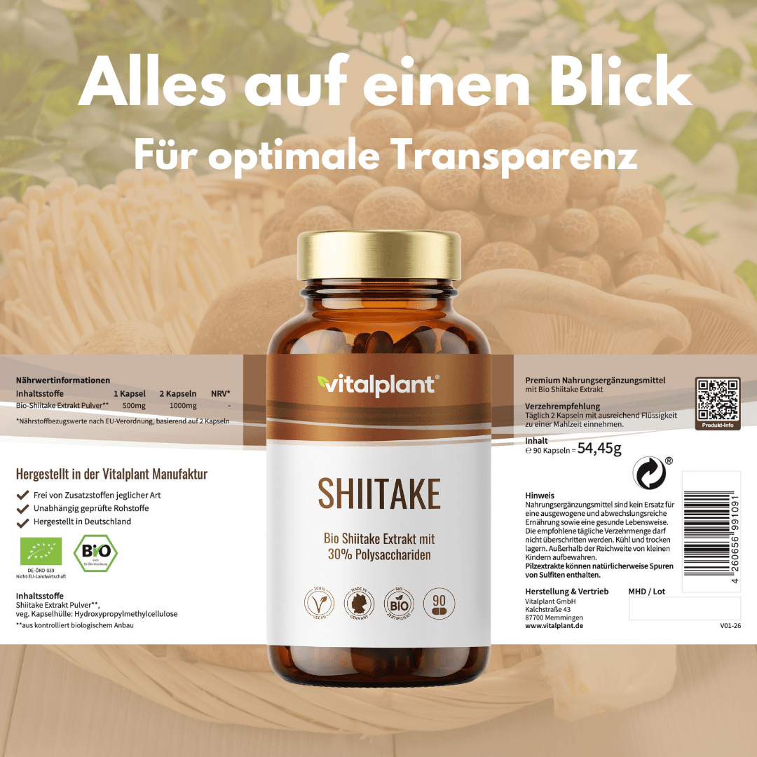 Bio Shiitake Kapseln von Vitalplant mit Shiitake Extrakt und 30% Polysacchariden.