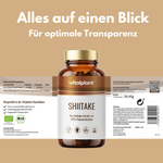 Organic Shiitake capsules by vitalplant, with shiitake extract and 30% polysaccharides, for conscious nutrition.
