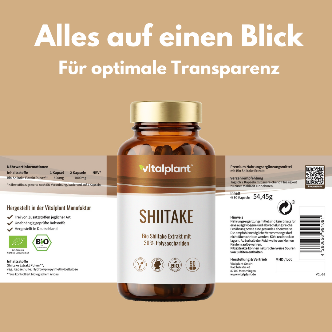 Organic Shiitake capsules by vitalplant, with shiitake extract and 30% polysaccharides, for conscious nutrition.
