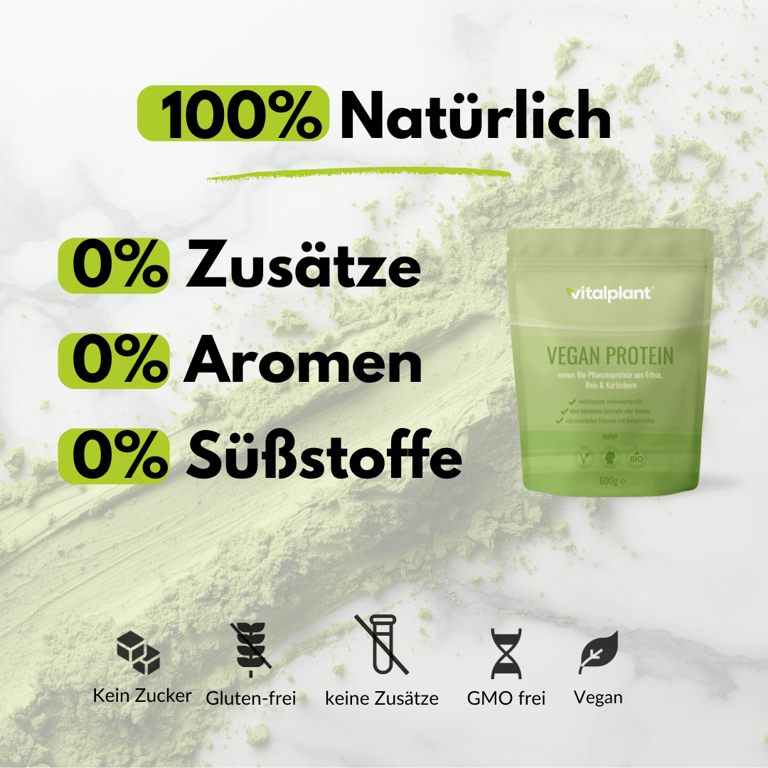 Bio Vegan Protein Pulver von Vitalplant, 100% natürlich, ohne Zusätze, Aromen oder Süßstoffe, pflanzliche Proteinqualität.