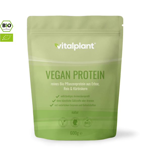 Organic vegan protein powder by Vitalplant in green packaging with pea protein, rice protein, and pumpkin seed protein.