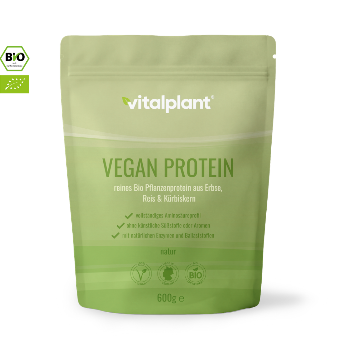Organic vegan protein powder by Vitalplant in green packaging with pea protein, rice protein, and pumpkin seed protein.