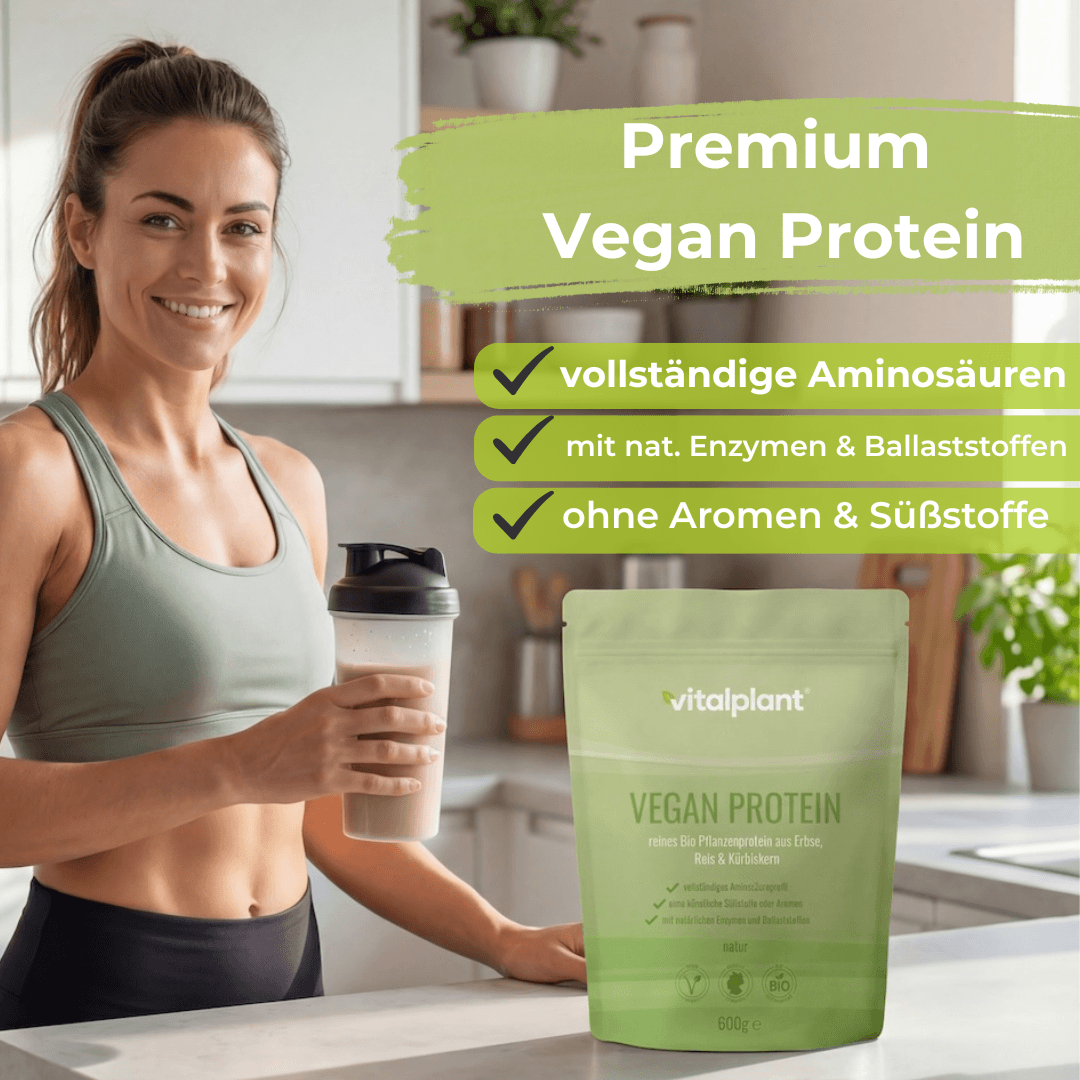 Bio Vegan Protein von Vitalplant: pflanzliches Proteinpulver mit vollständigem Aminosäureprofil.