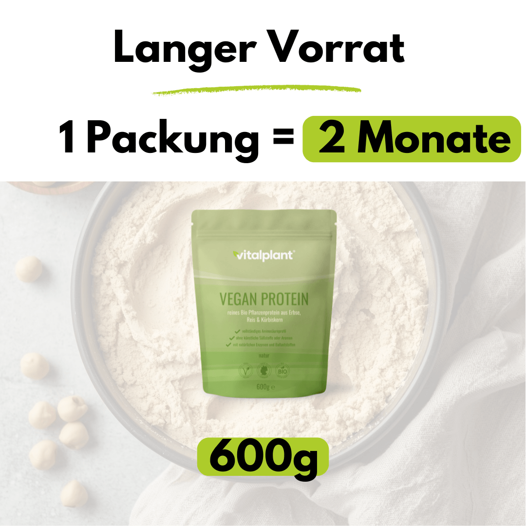 Organic vegan protein 600 g pack by Vitalplant for 2 months of high-quality plant-based protein power