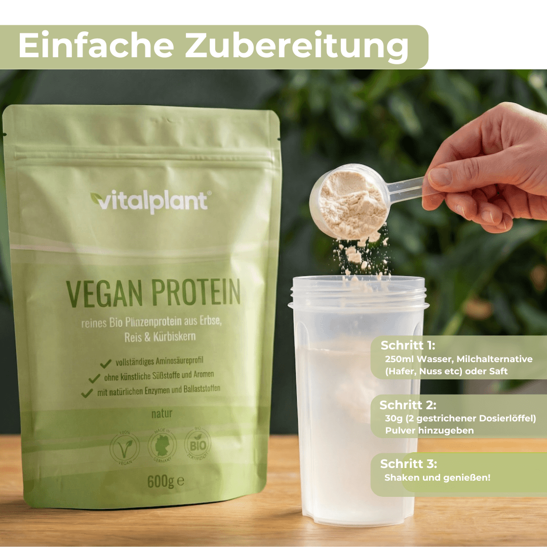 Organic vegan protein powder from Vitalplant for easy preparation of a plant-based protein shake.