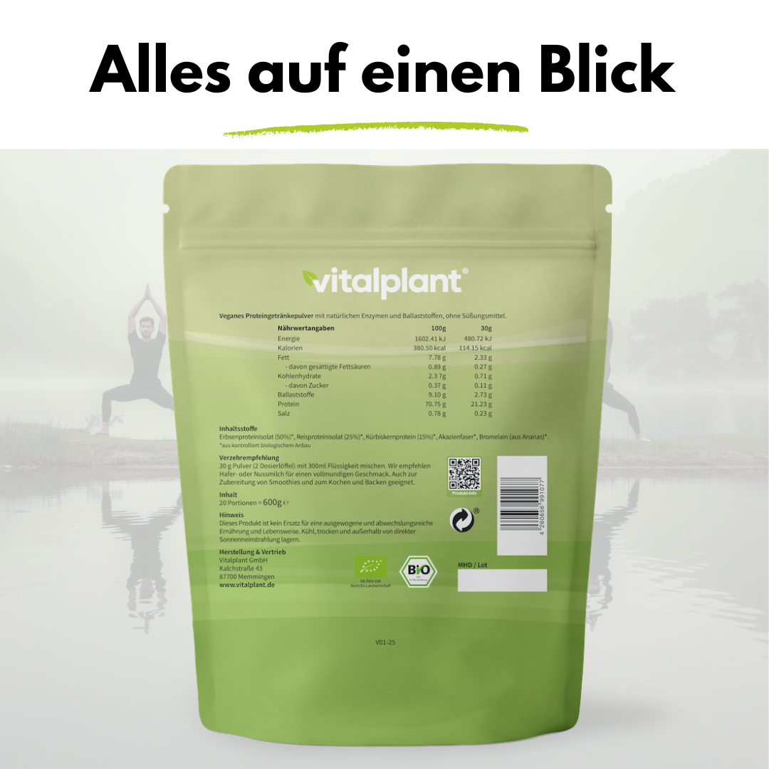Bio Vegan Protein Powder from Vitalplant in focus, with a complete amino acid profile and a high-quality plant-based protein blend.
