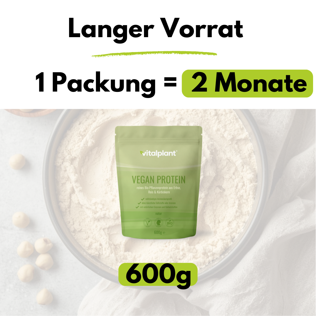 Organic vegan protein 600 g pack by Vitalplant for 2 months of high-quality plant-based protein power