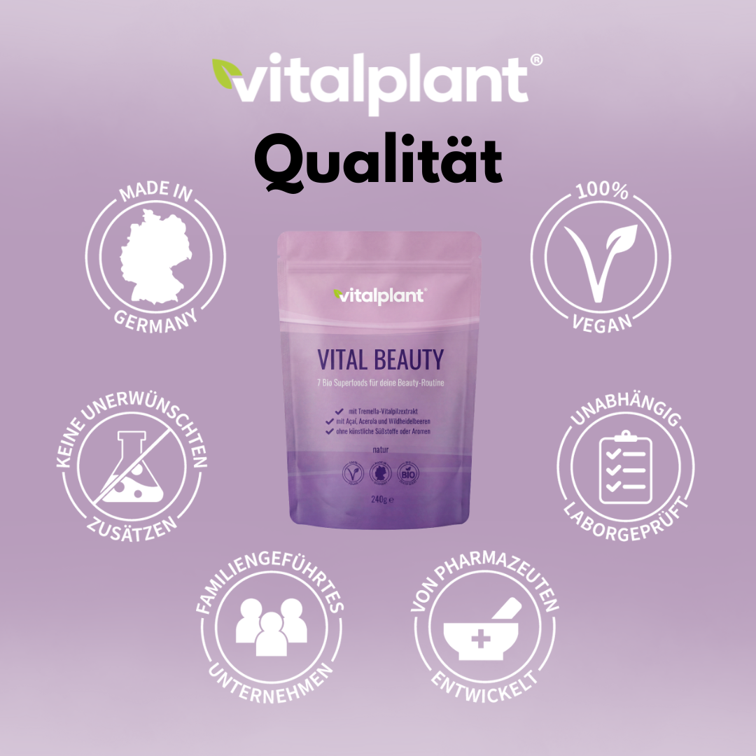 Bio Vital Beauty product packaging by Vitalplant with seals for quality and sustainability.