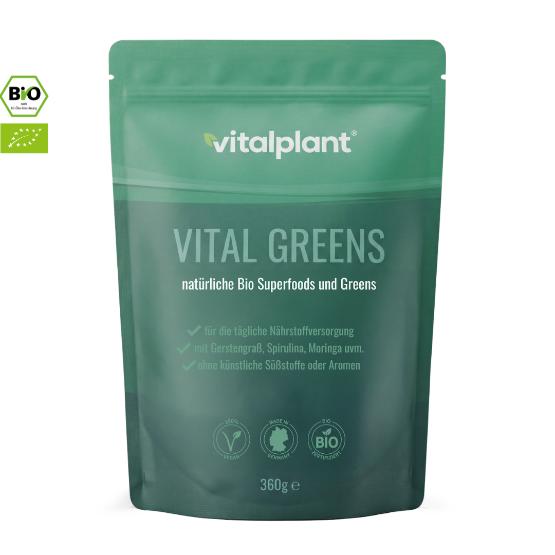 Bio Vital Greens – natürliche Bio Superfoods Mischung von Vitalplant, 360g Verpackung.