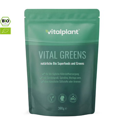 Bio Vital Greens – natürliche Bio Superfoods Mischung von Vitalplant, 360g Verpackung.