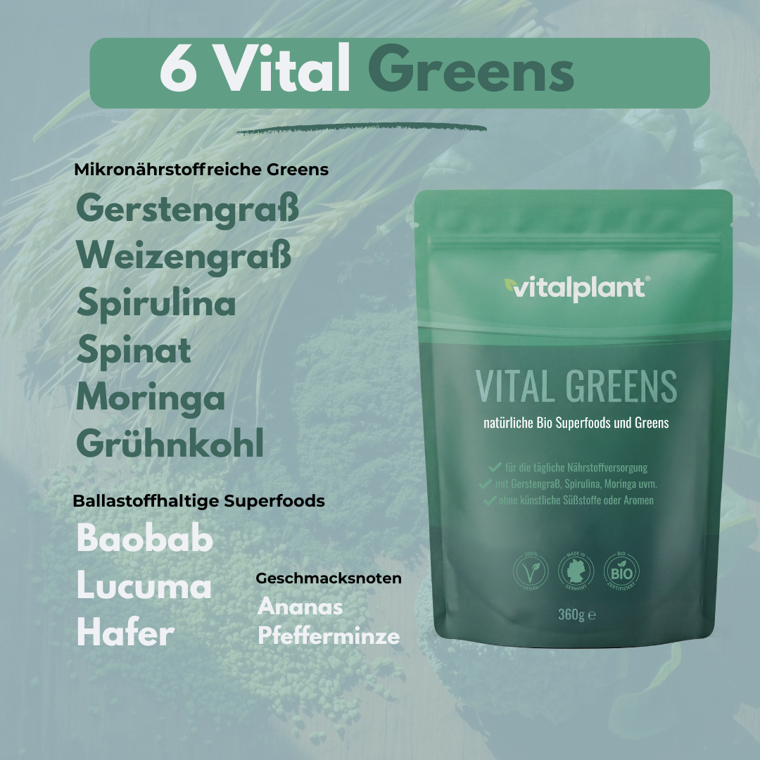 Bio Vital Greens Produktpaket mit 6 natürlichen Bio-Superfoods von Vitalplant.