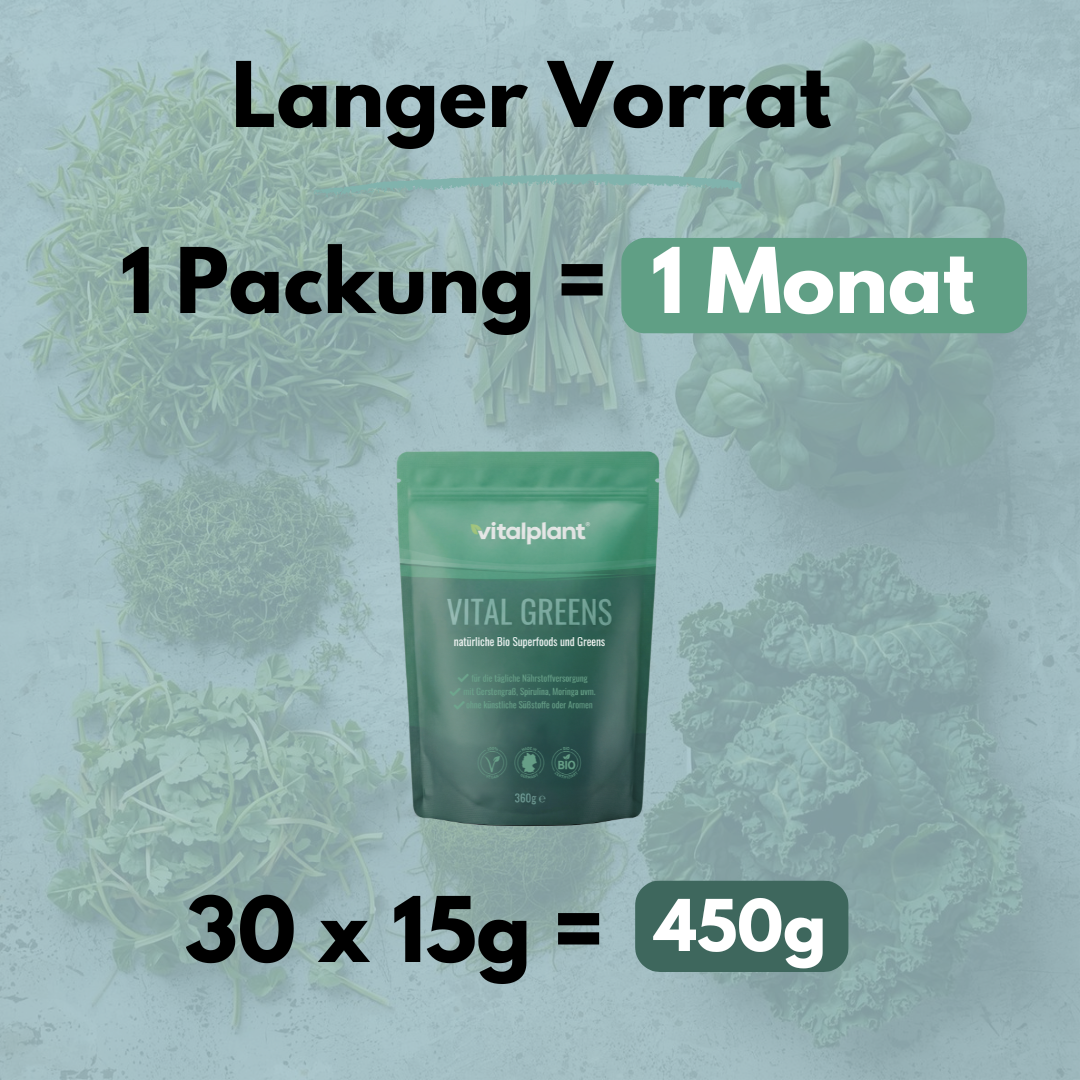 Bio Vital Greens pack with nutritional information and superfood ingredients background