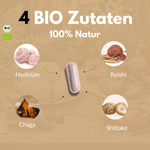Bio Medicinal Mushroom Complex – Hericium, Reishi, Chaga and Shiitake in one capsule, 100% natural ingredients.