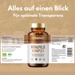 Bio medicinal mushroom complex bottle with ingredients for natural vitality in organic quality.