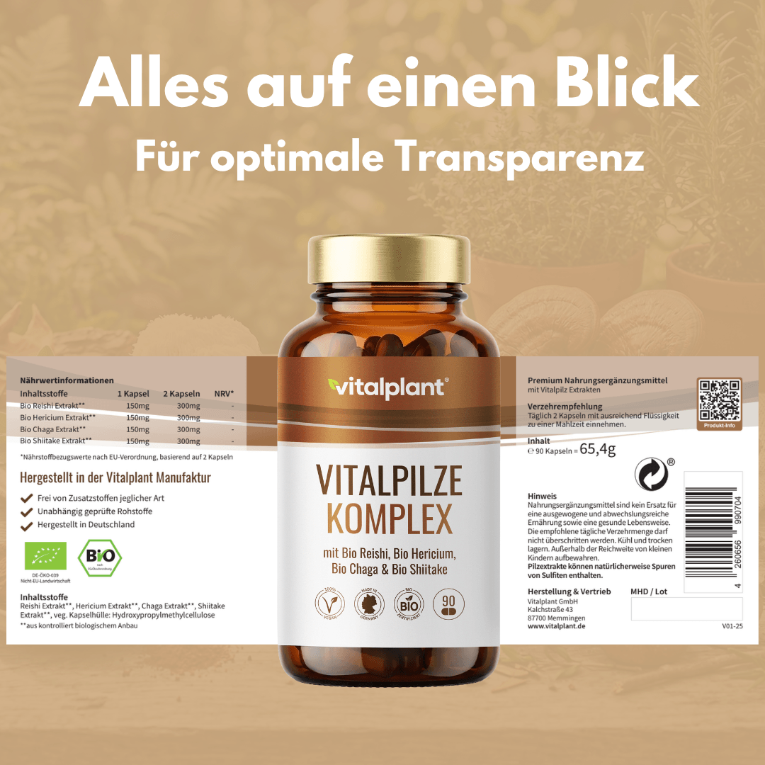 Bio medicinal mushroom complex bottle with ingredients for natural vitality in organic quality.