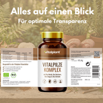 Bio Vitalpilze Komplex von vitalplant mit Reishi, Hericium, Chaga und Shiitake in Bio-Qualität.