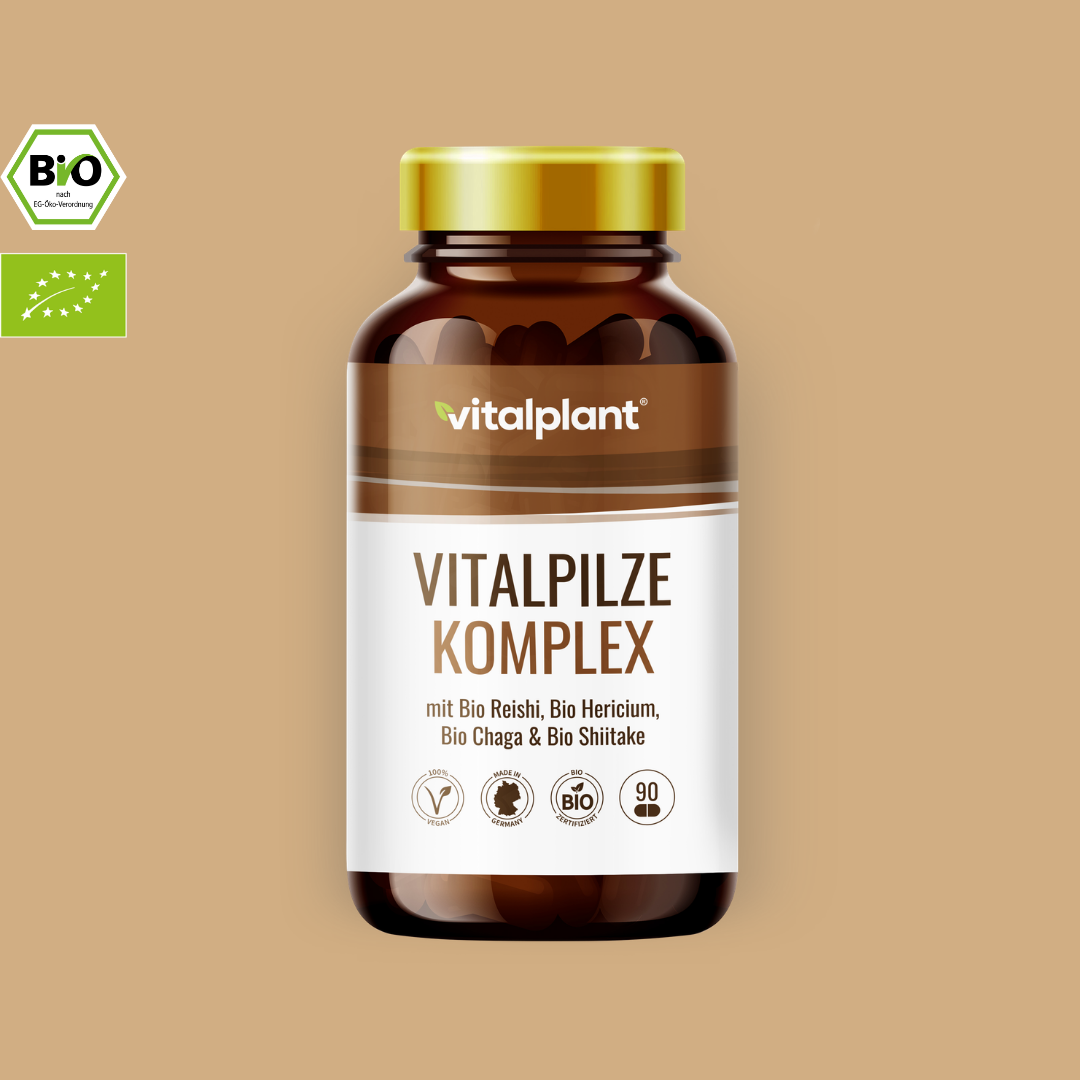 Bio Vitalpilze Komplex von vitalplant, enthält Bio Reishi, Hericium, Chaga und Shiitake in einer Kapsel.