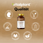 Bio Vitalpilze Komplex - Flasche mit Qualitätsmerkmalen, Bio-Pilze aus kontrolliert biologischem Anbau.