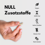 Bio mushroom complex shows a hand holding a capsule and icons for additives, vegan, and gluten-free.