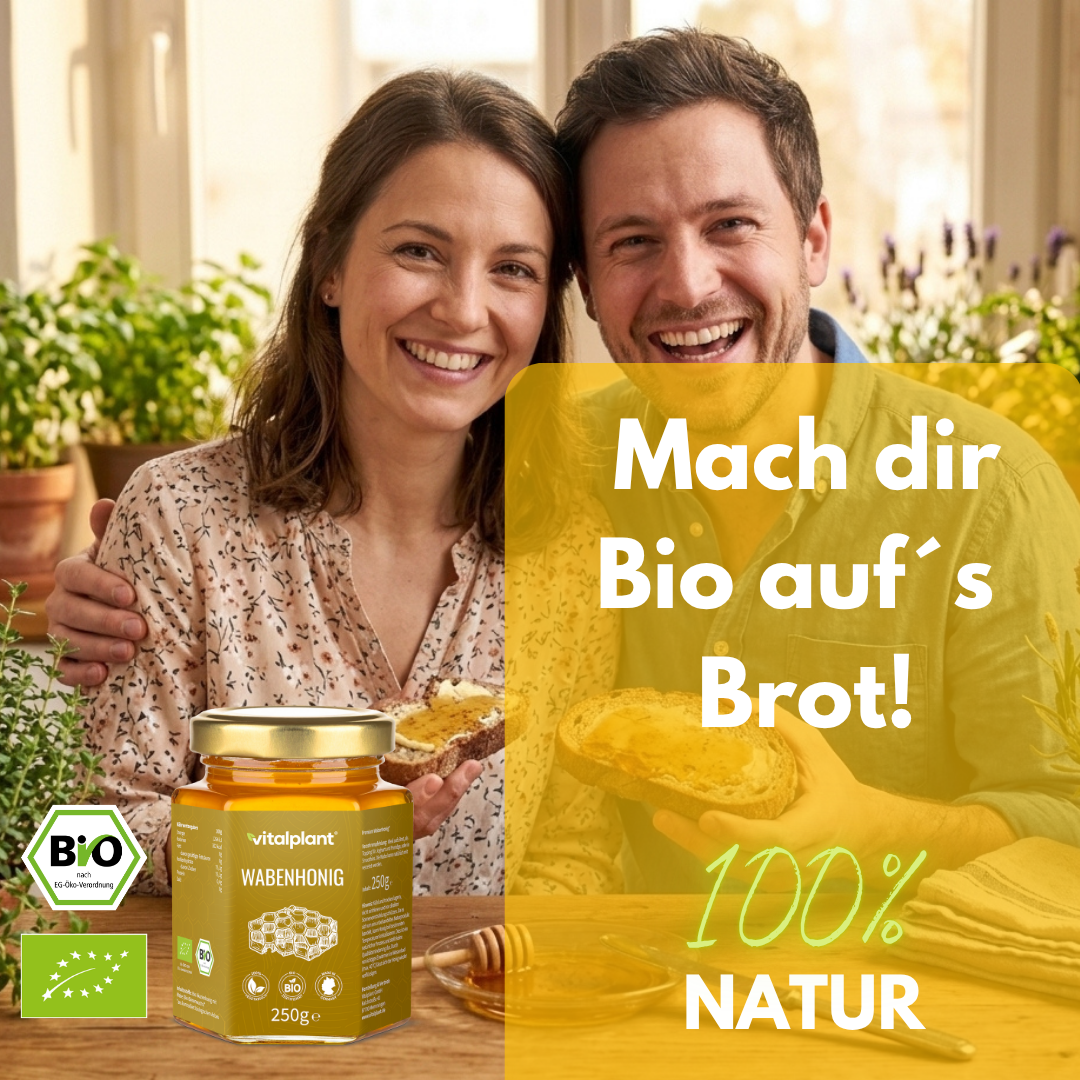 Organic comb honey by Vitalplant on bread, 100% natural, happy couples in a bright kitchen.