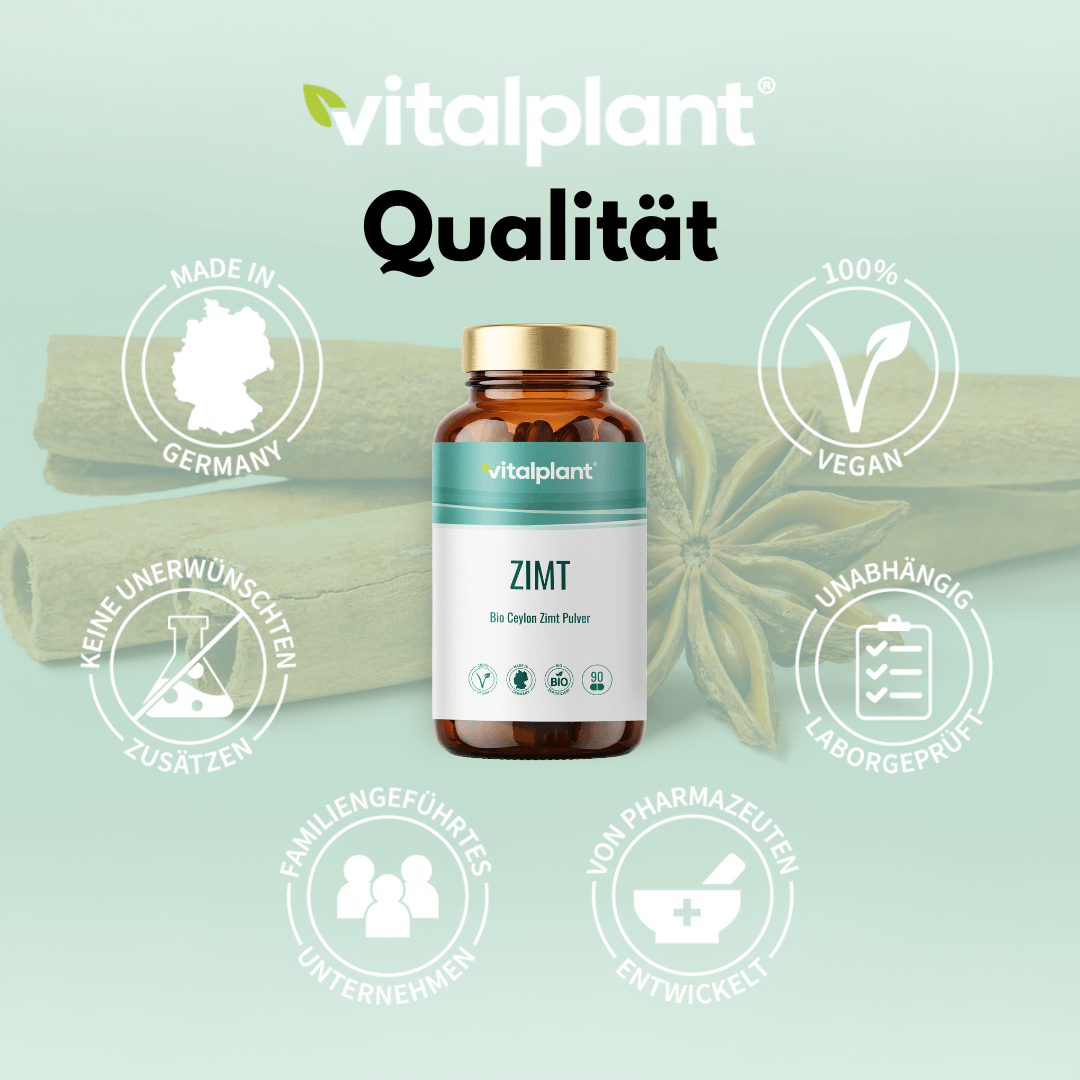 Bio cinnamon capsules from vitalplant, made in Germany, 100% vegan, with no unwanted additives.