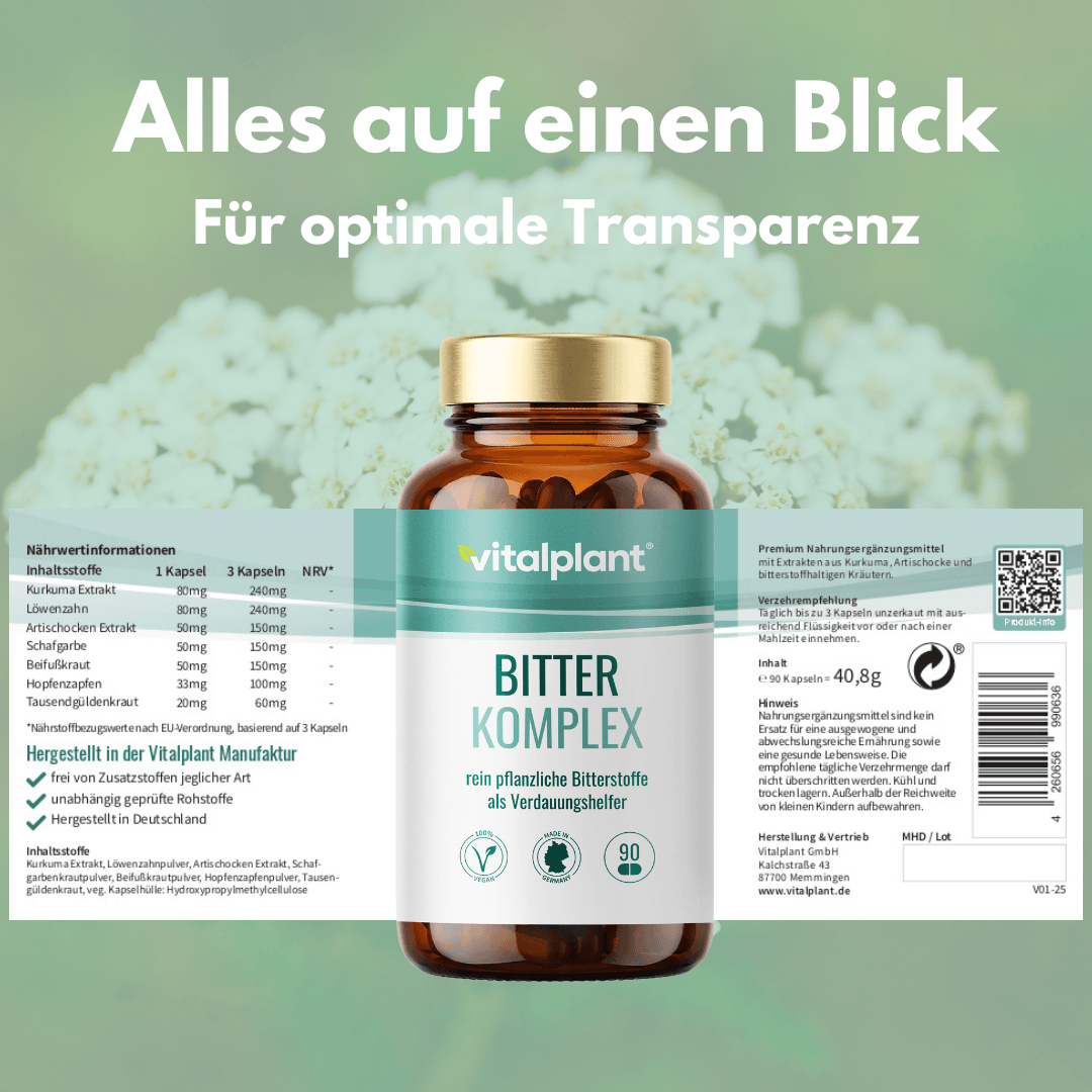 Bitter Komplex Flasche mit Inhaltsstoffen und Beschreibung für Gesundheit und Wohlbefinden