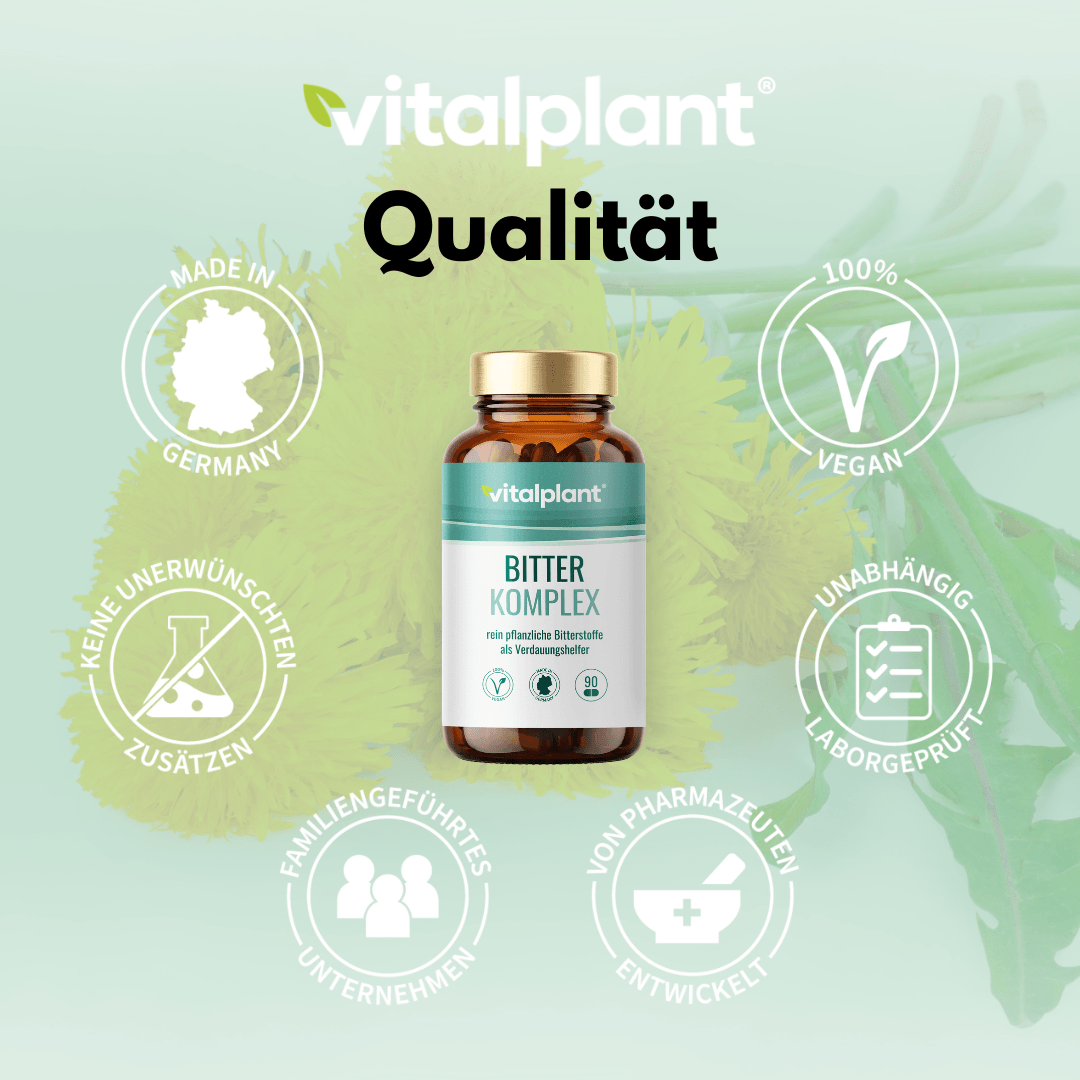 Bitter Komplex von Vitalplant – Heilkräuter für dein Wohlbefinden, vegan, laborgeprüft, hergestellt in Deutschland.