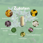 Bitter Komplex – Zutatenliste mit Kurkuma, Löwenzahn, Schafgarbe und weiteren Heilkräutern.