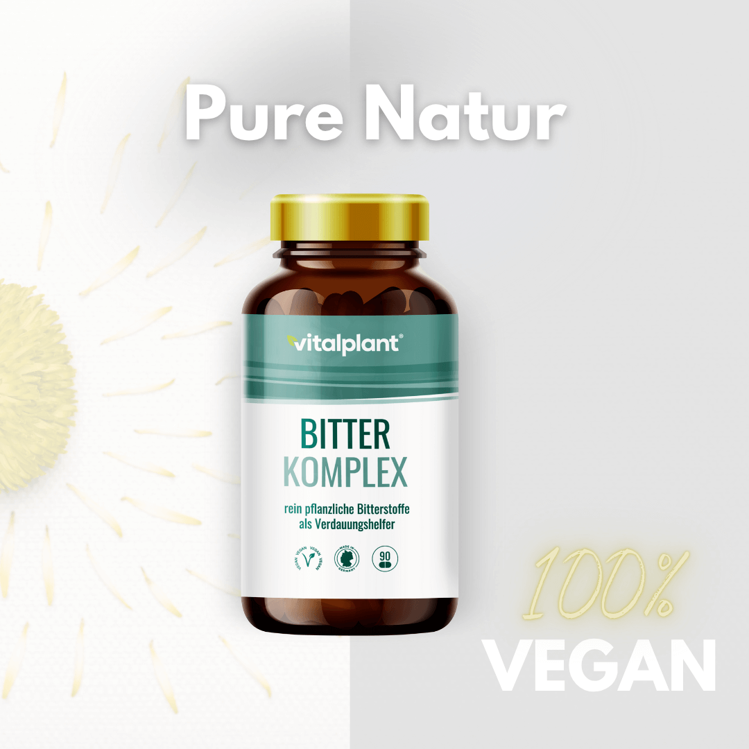 Bitter Komplex Kapseln von Vitalplant, reine pflanzliche Bitterstoffe für dein Wohlbefinden - 100% vegan.